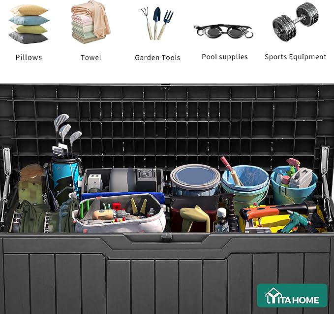 YITAHOME 80 Gallon Outdoor Storage Box, Large Waterproof Resin Deck Box, Indoor Outdoor Lockable Storage Container for Patio, Garden, Cushions, Tools, Equipment (Dark Gray) - Image 4