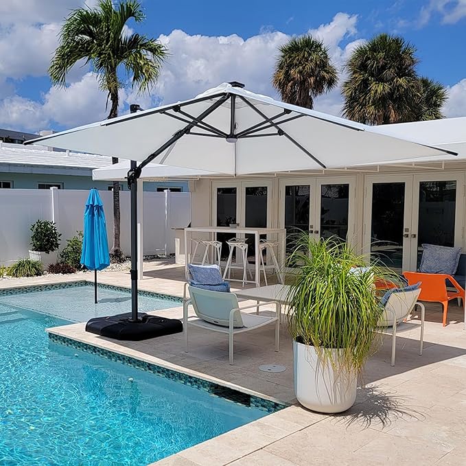 PURPLE LEAF 10 Feet Patio Umbrella with Base Outdoor Cantilever Solar Powered LED Square Umbrella Aluminum Offset Umbrella with 360-degree Rotation for Garden Deck Pool Patio White by PURPLELEAF