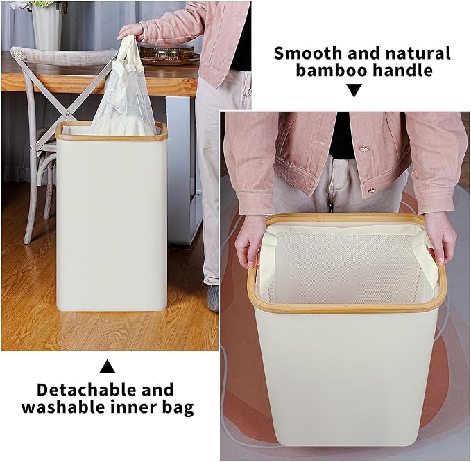 Slim Laundry Hamper, 75L Beige Narrow Laundry Basket - Image 4