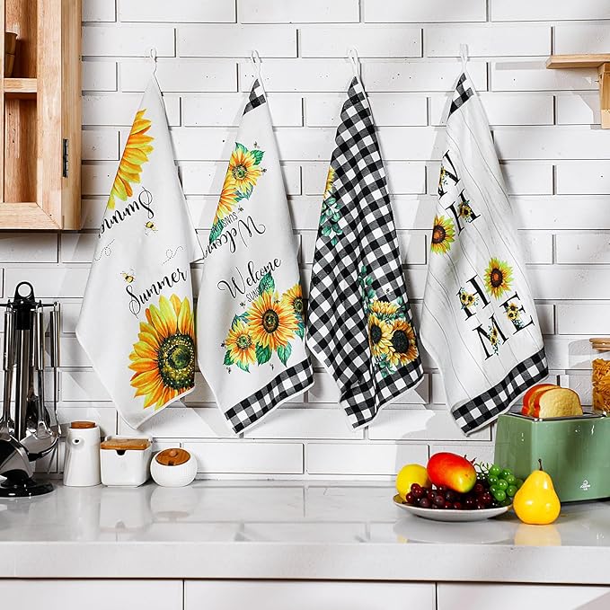 Bencailor 4 Pcs Sunflower Kitchen Towels Spring Summer Gifts Sunflower Floral - Image 7