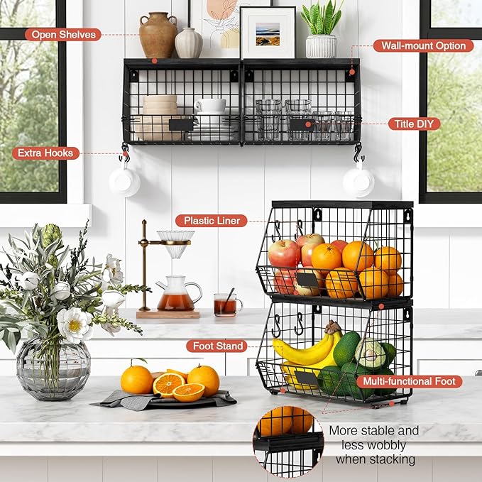 Black Kitchen Wall Hanging Storage Basket Set of 2, Rustic Stackable Kitchen - Image 6