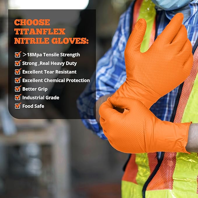 TitanFlex Heavy Duty Orange Industrial Nitrile Gloves - Image 6