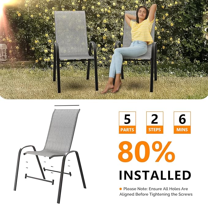 VINGLI Patio Chairs Set of 6 – Stackable Outdoor Dining Chairs with Comfortable Sling High Back Chairs and Armrests for Lawn, Poolside, Courtyard, Balcony, Garden, Silver Gray - Image 5
