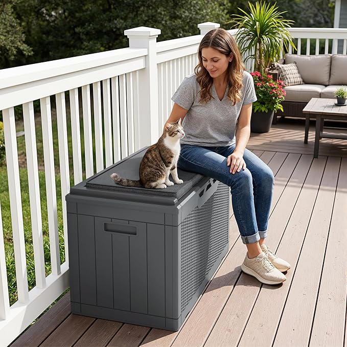 Greesum 100 Gallon Resin Deck Box Large Outdoor Storage Boxes with Cushions for Garden Tools, Patio Furniture Pillows, Pool Supplies, Gray - Image 2