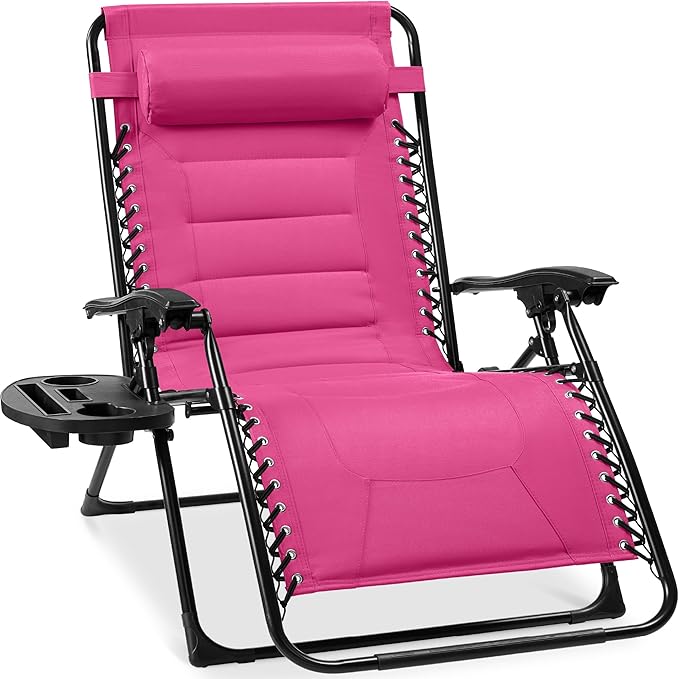 Best Choice Products Oversized Padded Zero Gravity Chair, Folding Outdoor Patio Recliner, XL Anti Gravity Lounger for Backyard w/Headrest, Cup Holder, Side Tray, Polyester Mesh - Hot Pink by BestChoiceProducts