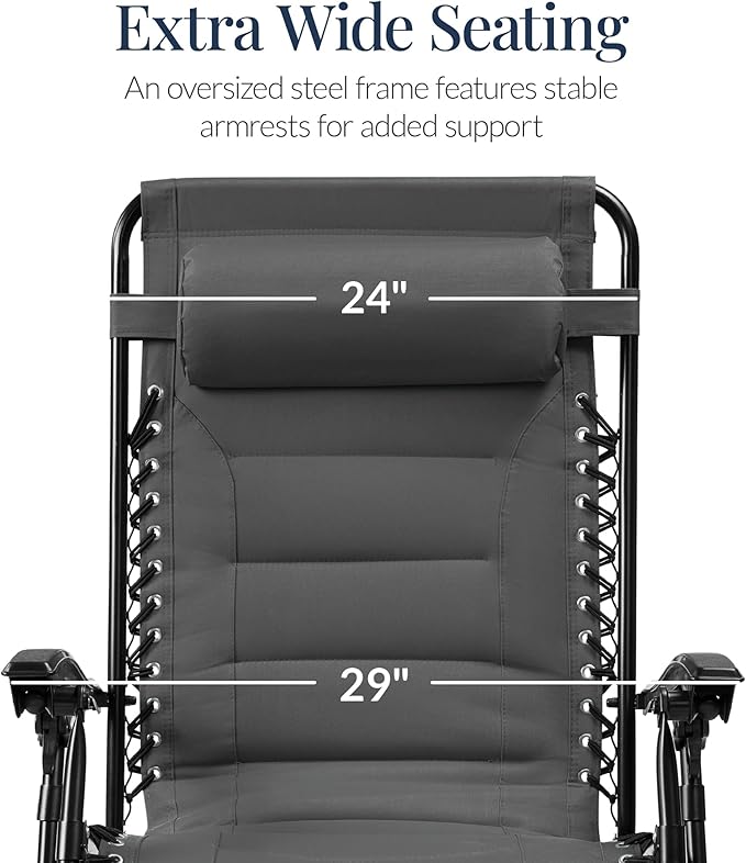 Best Choice Products Oversized Padded Zero Gravity Chair, Folding Outdoor Patio Recliner, XL Anti Gravity Lounger for Backyard w/Headrest, Cup Holder, Side Tray, Polyester Mesh - Gray - Image 3