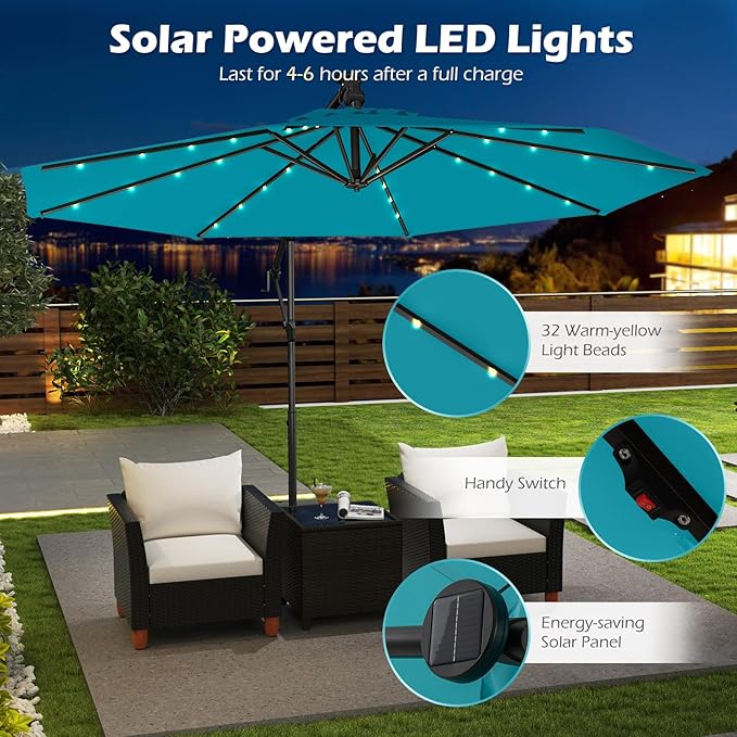 Tangkula 10ft Solar LED Patio Umbrella with Base, Offset Cantilever Outdoor Umbrella with 32 LED Lights, Infinite Tilt, 360 Degree Rotation, Crank Handle for Pool Deck Garden Backyard (Turquoise) - Image 6