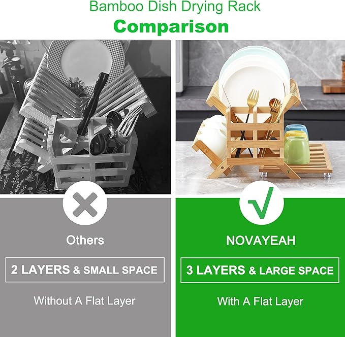 Bamboo Dish Drying Rack with Utensil Holder, Collapsible Wooden Dish Drainer - Image 3