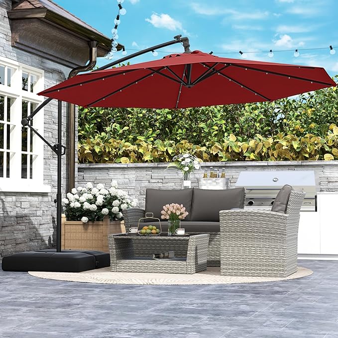 Tangkula 10ft Solar LED Patio Umbrella with Base, Offset Cantilever Outdoor Umbrella with 32 LED Lights, Infinite Tilt, 360 Degree Rotation, Crank Handle for Pool Deck Garden Backyard (Wine) - Image 3