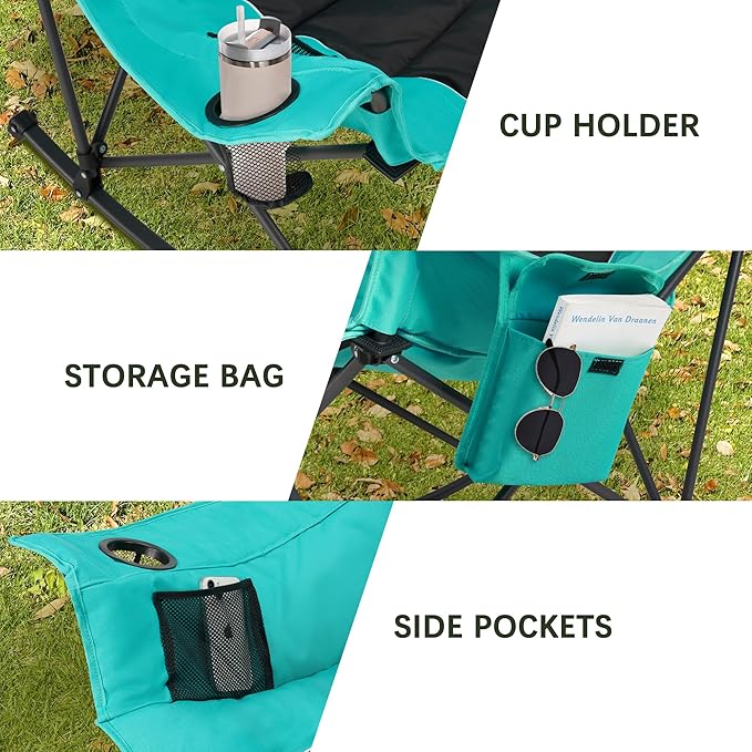 Oversized Rocking Camping Chair with Headrest & Cup Holder - 400lbs Capacity, 600D Oxford Fabric, Easy Fold Portable Outdoor Rocker Chair for Camping, Backyard, Beach, Blackgreen - Image 8