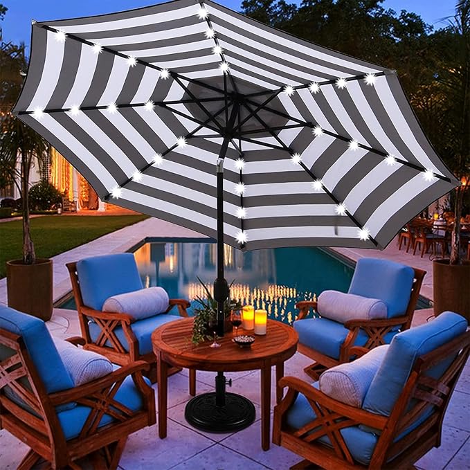 Blissun 9 ft Solar Umbrella 32 LED Lighted Patio Umbrella Table Market Umbrella with Tilt and Crank Outdoor Umbrella for Garden, Deck, Backyard, Pool and Beach (Black and White) - Image 7