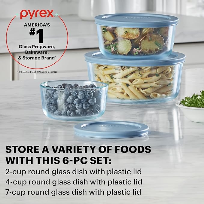 Pyrex Colors Tinted Small/Medium Round Food Storage Container Set, Snug Fit - Image 2