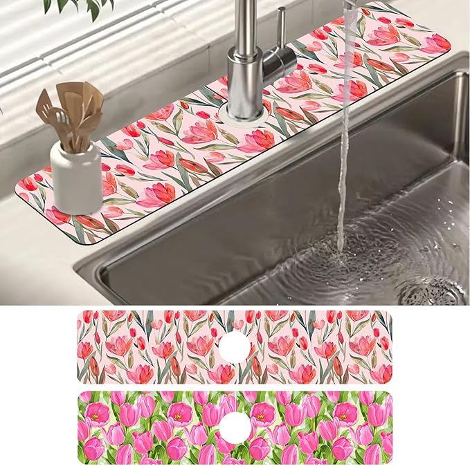 2 Pack Watercolor Tulips Sink Faucet Absorbing Mat Pink Tulips Super Absorbent by Unknown