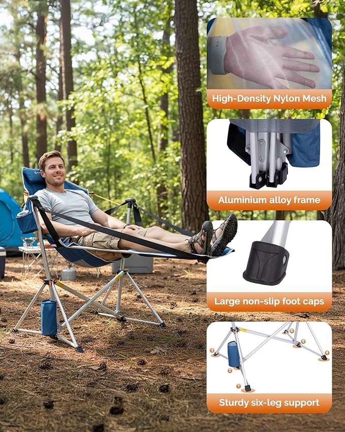 KingCamp Hammock Chair with Footrest – Heavy Duty Swinging Rocking Camping Chairs for Adults up to 400lbs, Folding Portable Oversized Rocker with Cup Holder & Pillow for Outdoor Beach Lawn RV Sports - Image 4