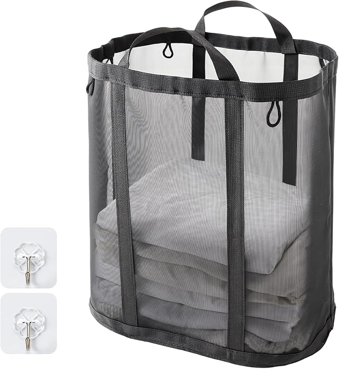 Mesh Laundry bag with Handles, 42L Collapsible Laundry Basket with 2 Hooks - Image 7
