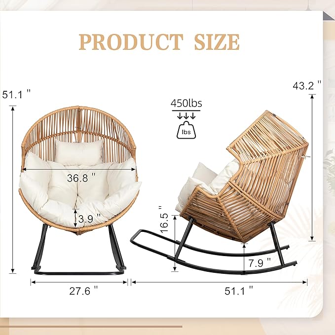 Vongrasig Wicker Rocking Egg Chair PE Rattan with Cushion, Oversized Patio Lounge Rocker Chair for Outdoor, Indoor, Livingroom, Backyard, Garden (Beige) - Image 2