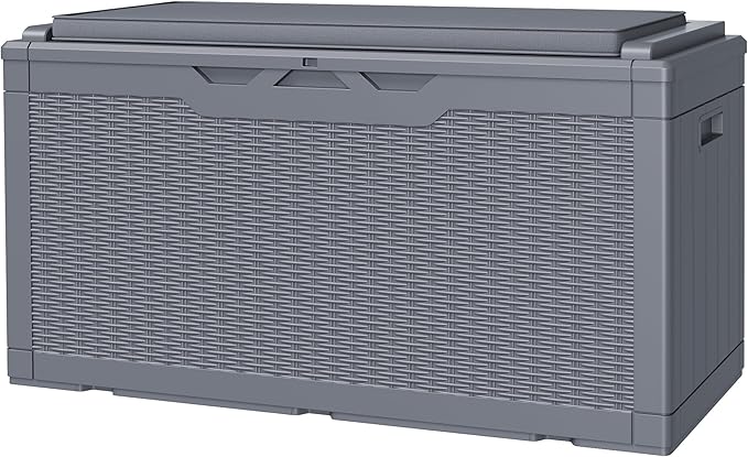 JUMMICO 100 Gallon Resin Deck Box with Cushion, Waterproof Outdoor Storage Box with Lockable Lid for Garden Tools, Patio Cushions (Gray) by JUMMICO