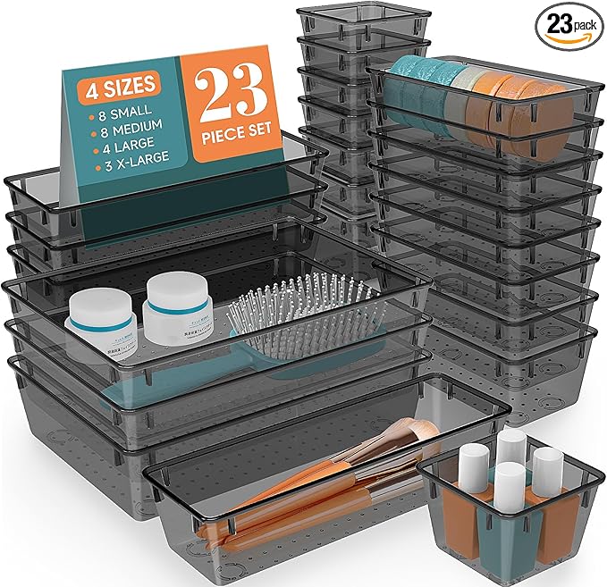 23 PCS Clear Plastic Drawer Organizers Set, 4 Size Desk Drawer Organizer Trays by StorMiracle