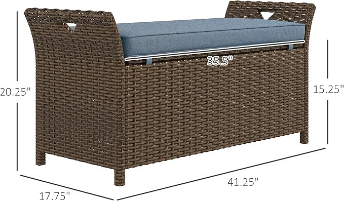 Outsunny 29 Gallon Patio Wicker Storage Bench, Outdoor PE Rattan Patio Furniture, 2-in-1 Large Capacity Rectangle Garden Storage Box with Handles and Cushion, Dark Blue - Image 3