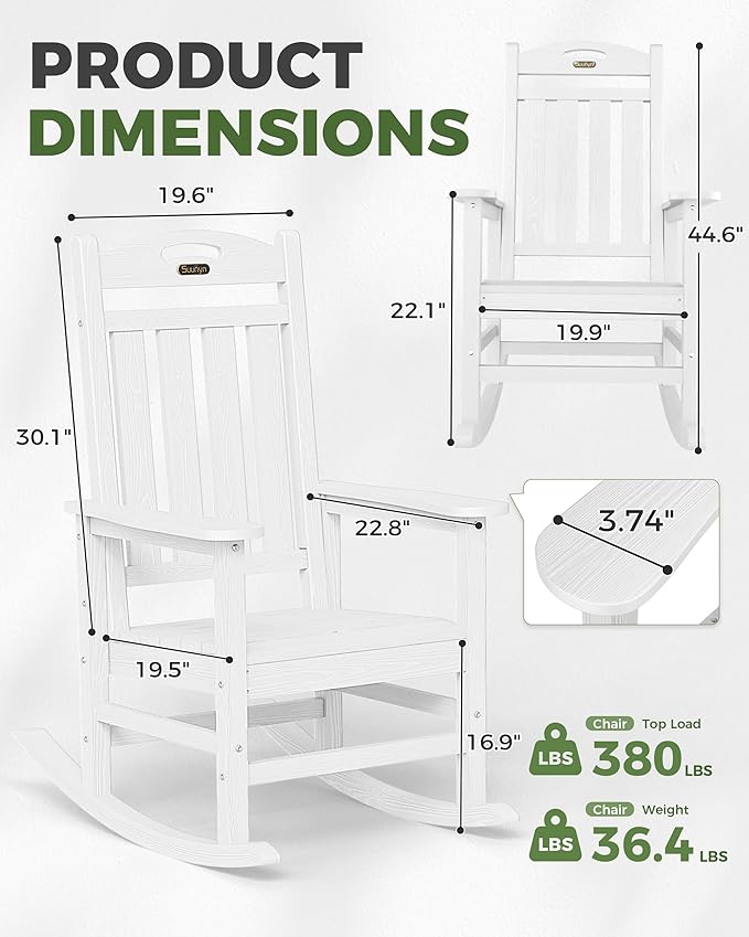 Oversized Outdoor Rocking Chair, High Back Patio Rocking Chair, HDPE All Weather Resistant Rocking Chairs for Patio,380lbs Weight Capacity, White - Image 3