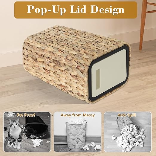 Boho Trash Can with Lid for Bathroom, 2.6 Gallon Small Rattan Garbage Can with - Image 4