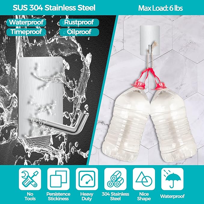 Heavy Duty Stainless Steel Self Adhesive Wall Hooks, Sticky Towel Hangers - Image 3