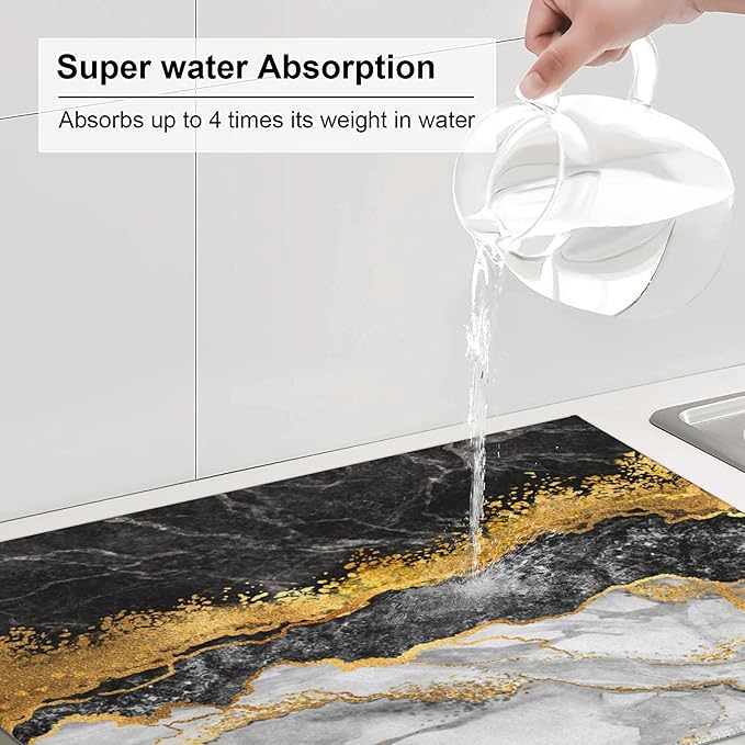 Gold and Black Grey Kitchen Drying Mat Black Gold Marble Decor Microfiber Dish - Image 6
