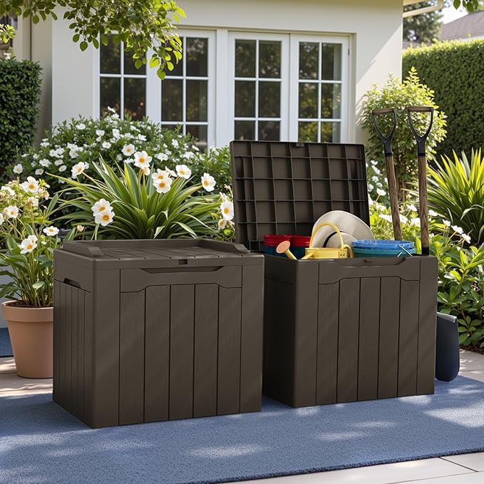 Greesum 31 Gallon Deck Box for Outside, All Weather Outdoor Storage Boxes for Patio Furniture Set, Package Delivery Box, Garden Tools, Brown(Set of 2) - Image 3