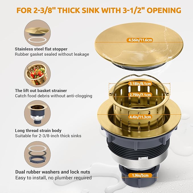 BOTEMY 3-1/2'' Kitchen Sink Drain Assembly Kit, Brass-Finish Sink Drain Strainer - Image 6