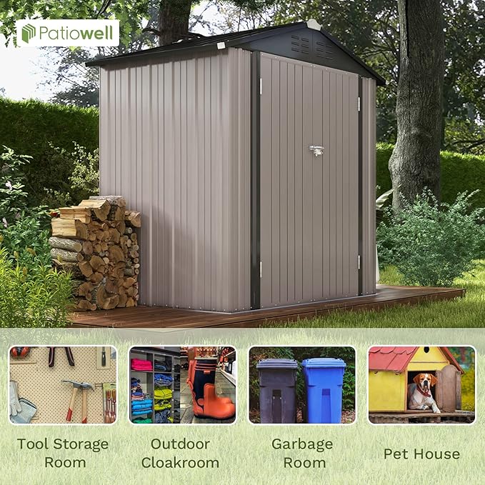 Patiowell 6x4 FT Outdoor Storage Shed, Garden Tool Storage Shed with Sloping Roof and Double Lockable Door, Outdoor Shed for Garden Backyard Patio Lawn, Brown - Image 4