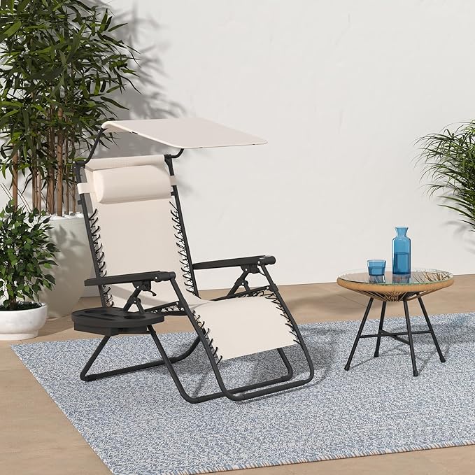 Best Choice Products Folding Zero Gravity Outdoor Recliner Patio Lounge Chair w/Adjustable Canopy Shade, Headrest, Side Accessory Tray, Textilene Mesh - Ivory - Image 2