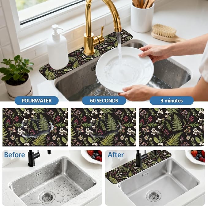 2 Pcs Kitchen Sink Splash Guard Faucet Mats Vintage Fern and Berries Pattern - Image 5