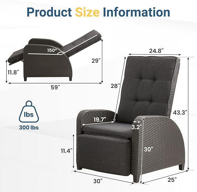 Green4ever Outdoor Patio Recliner with Independently Adjustable Backrest and Footrest, All-Weather Wicker Patio Chair, 160° Lay Flat Patio Reclining Lounge Chair for Backyard Garden, Grey - Image 2