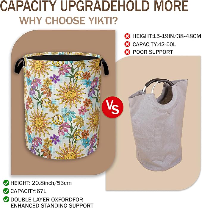 Collapsible Laundry Basket, Vintage Peace Symbol Dirty Clothes Hamper, Hippie - Image 3