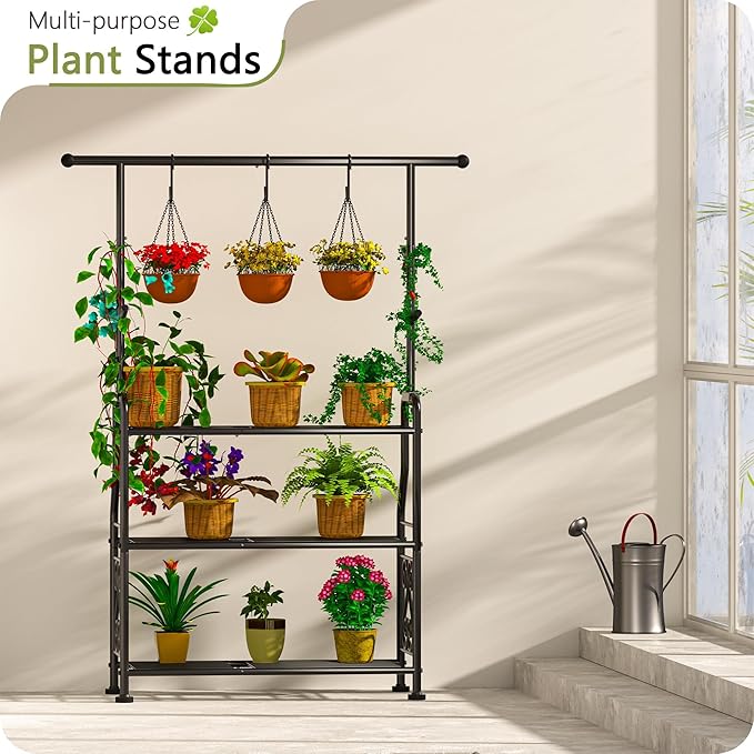 GIOTORENT Plant Stand Indoor, 3-Tier Heavy Duty Metal Shelf for Patio & Indoor, Tall Plant Holds 14+ Plants with 5 Hooks, Rust-Proof Plant Holder for Garden, Balcony, Living Room, Black - Image 2