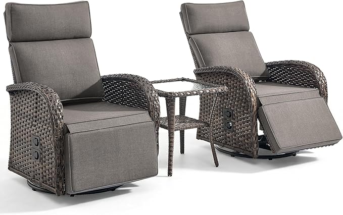 3 Pieces Zero Gravity Patio Swivel Rocking Recliner Chairs Set of 2 - Wicker Outdoor Lounge Chair with Side Table, Adjustable Backrest & Footrest, High Back Outdoor Recliner Chair for Pool Deck Gray - Image 7