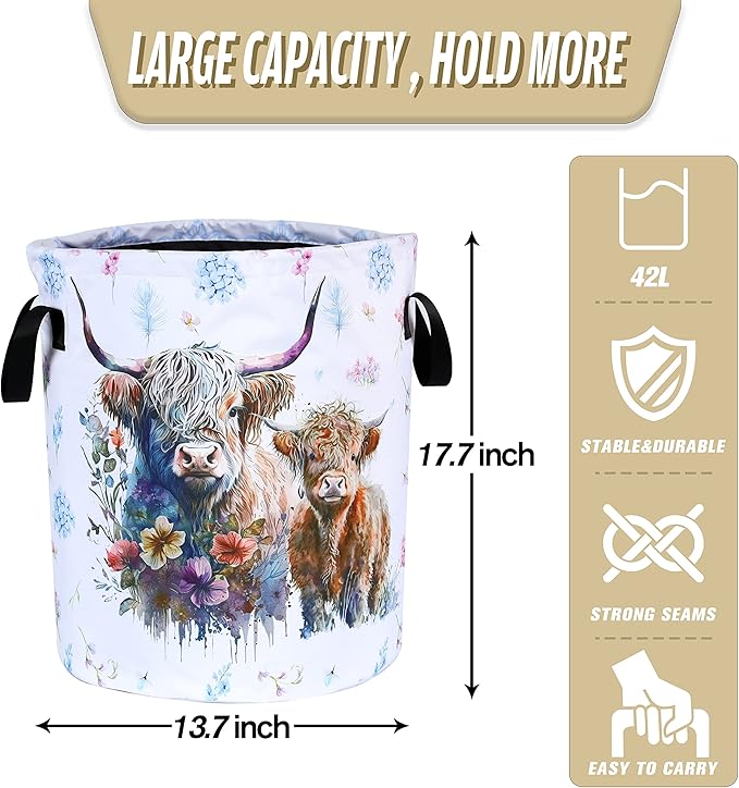 Highland Cow Laundry Basket Cattle Animal Foldable Oxford Cloth Funny Tote Bag - Image 2