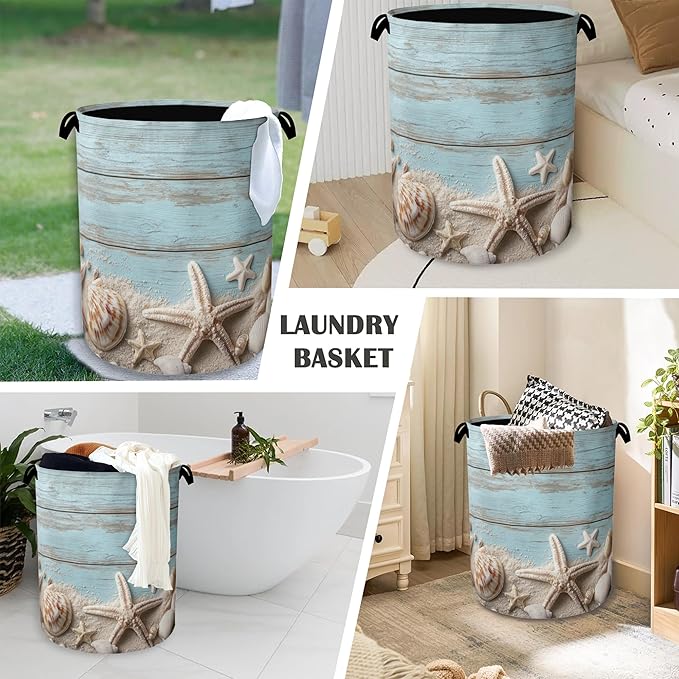 Starfish Seashell Laundry Basket, Vintage Wooden Oxford Cloth Laundry Hamper - Image 4