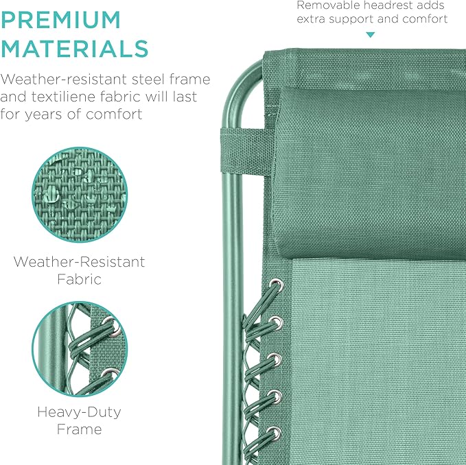 Best Choice Products Set of 2 Adjustable Steel Mesh Zero Gravity Lounge Chair Recliners w/Pillows and Cup Holder Trays - Seafoam - Image 6