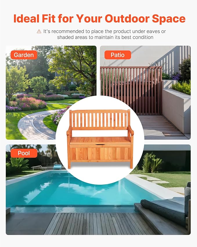 VEVOR Outdoor Storage Bench, 2-Person Wooden Storage Bench, 33 Gallons Deck Box with Side Handle, Supports up to 705 lbs, Weatherproof Outdoor Seating & Porch Decor, for Patio Garden Balcony Yard - Image 8