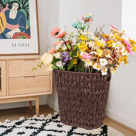 Wicker Trash Can, Waterproof Bathroom Waste Basket, Plastic Wicker Woven Waste - Image 4