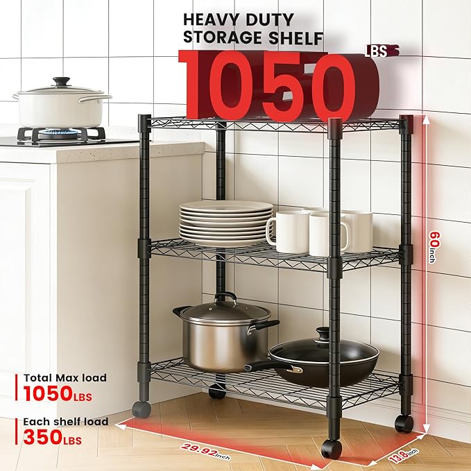 Xcity Storage Shelves, 3 Tier Heavy Duty Metal Shelving Unit with Wheels, 1050 LBS Capacity Adjustable Steel Wire Shelf Organizer for Pantry, Kitchen, Garage, 14" D x 24" W x 30" H, Black - Image 2
