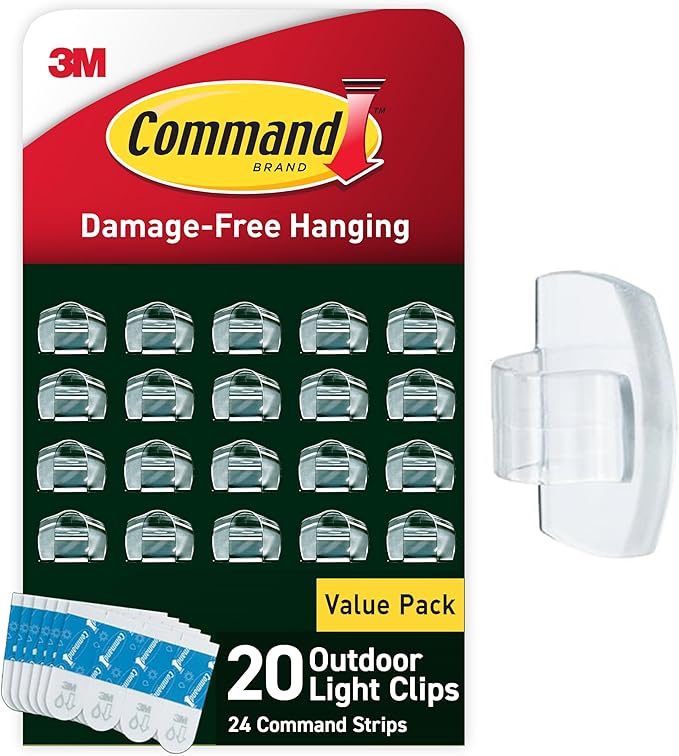 Command Outdoor Light Clips, 20 Clear Clips and 24 Command Strips, Damage-Free by Command
