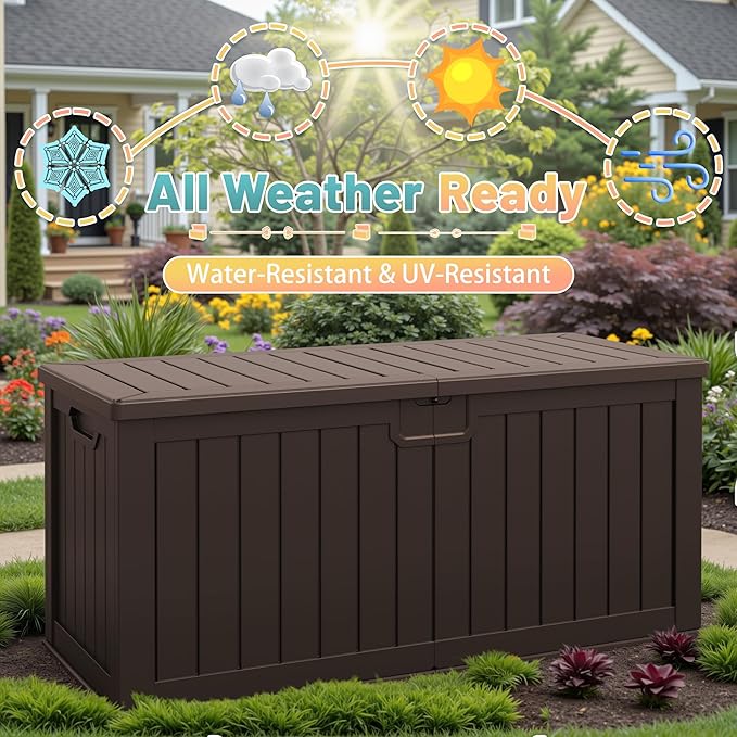 Patiowell 240 Gallon Large Outdoor Storage Box, Waterproof Deck Box with Fixed Divider, Lockable and Durable Patio Storage Solution for Patio Furniture and Garden Tools (Brown) - Image 4