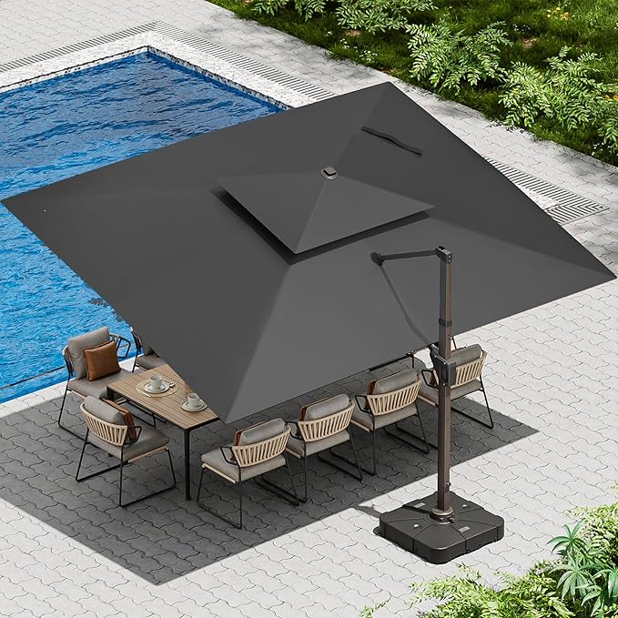 10 X 13 FT Cantilever Patio Umbrella with Led Lights and Base Included Outdoor Heavy Duty Double Top Rectangle Offset Umbrellas with 360-degree Rotation for Pool Deck Backyard, Grey by Ombrellon