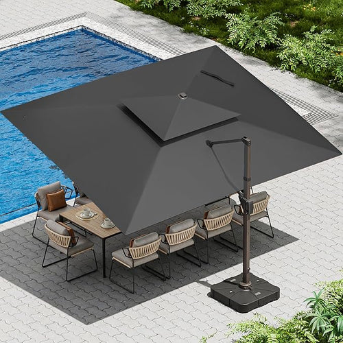 10 X 13 FT Cantilever Patio Umbrella with Led Lights and Base Included Outdoor Heavy Duty Double Top Rectangle Offset Umbrellas with 360-degree Rotation for Pool Deck Backyard, Grey by Ombrellon