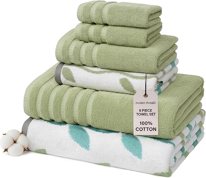 Modern Threads Organic Vines 6-Piece 100% Cotton Towel Set – Yarn Dyed Jacquard by ModernThreads