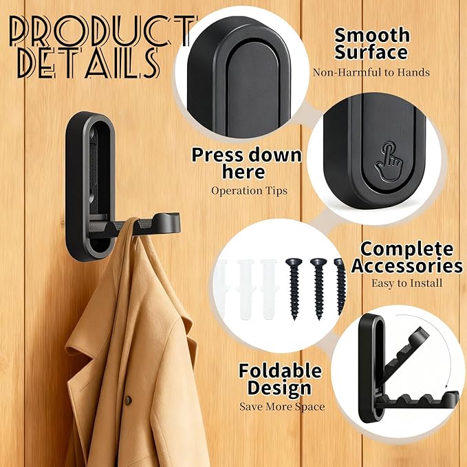 4PCS Folding Coat Hooks, 4 Folding Coat Hooks, Flip Down Heavy Duty Hooks Robe - Image 3