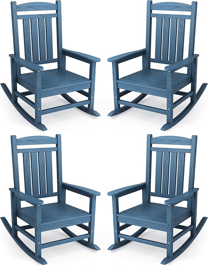 KINGYES Oversized Outdoor Rocking Chair Set of 4, High Density Polyethylene Patio Rocking Chairs with 330lbs Support for Adults, Navy by KINGYES