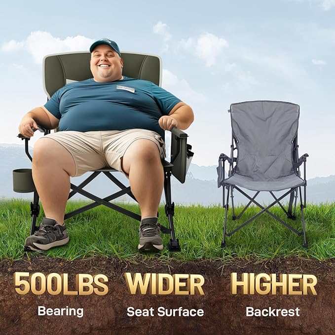 EVER ADVANCED Oversized Folding Camping Chair, for Adults Heavy Duty Lawn Chair with Side Pockets, Portable Collapsible Quad Chair for Outside, Support Up to 500lbs, Green - Image 3
